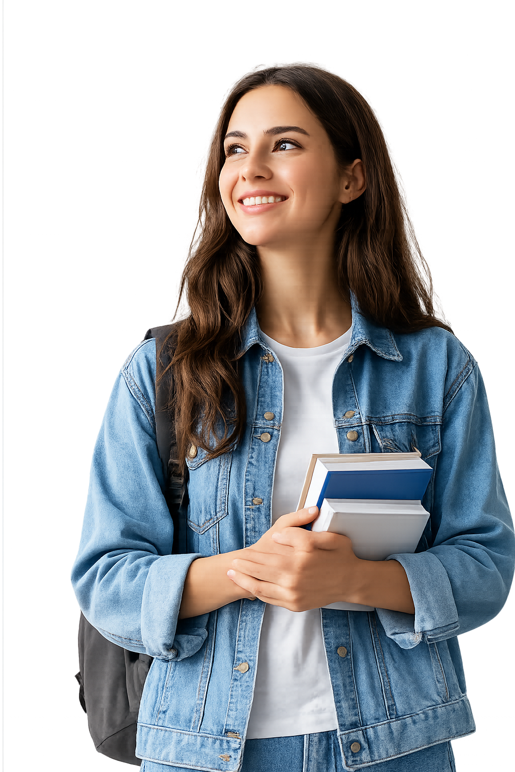 Estudante universitária sorrindo, segurando livros